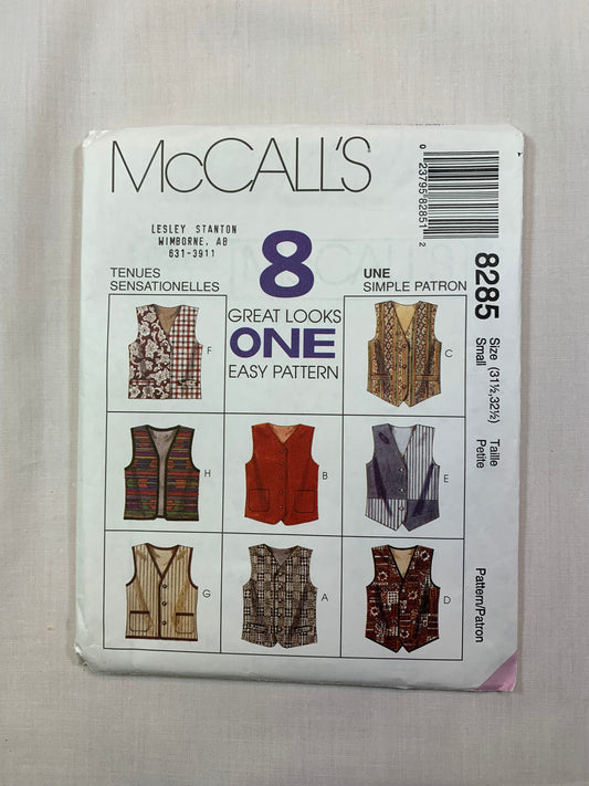 McCall's 8285 Misses', Men's Lined Vest, Size 31 1/2"-32 1/2", Uncut, Vintage 1996