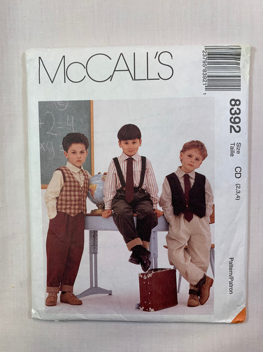 McCall's 8392 Children's, Boys' Vest, Pants, Shirts, Tie Size 2-4, Uncut, Vintage 1996
