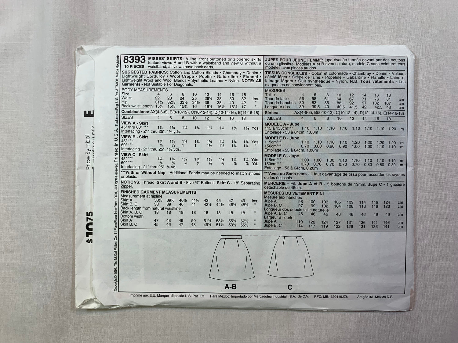 McCall's 8393 Misses' Skirt, Size 10-14, Uncut, Vintage 1996