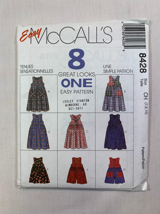 McCall's 8428 Children's, Girls' Romper, Jumper, Size 7-10, Uncut, Vintage 1994