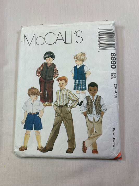 McCall's 8690 Children's, Boys' Lined Vest, Pants, Shirts, Shorts, Size 2-4, Uncut, Vintage 1996