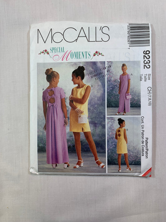 McCall's 9232 Girls' Lined Dress, Size 7-10 Uncut, Vintage 1998