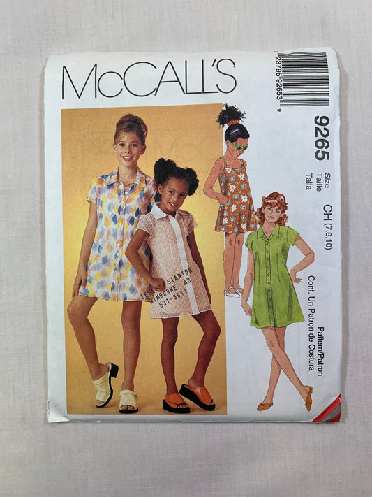 McCall's 9265 Girls' Shirtdress, Slipdress, Size 7-10, Uncut, Vintage 1998