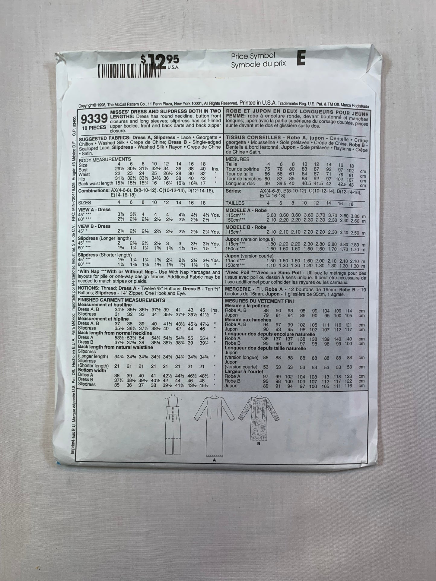 McCall's 9339 Girls' Dress, Slipdress, Size 8-12, Uncut, Vintage 1998