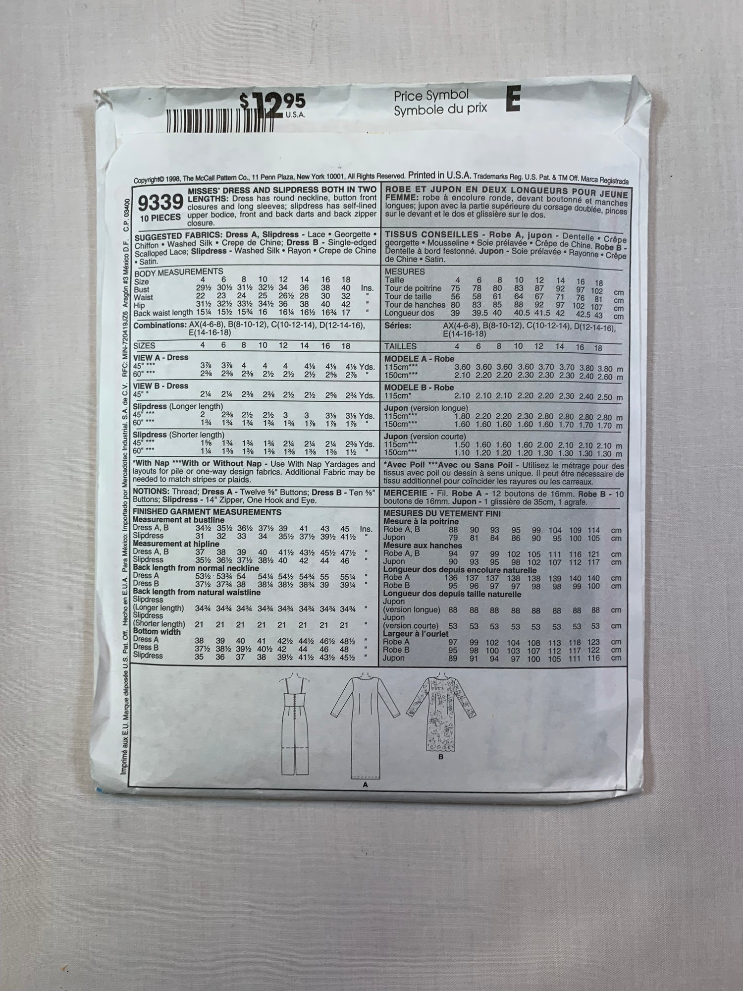 McCall's 9339 Girls' Dress, Slipdress, Size 8-12, Uncut, Vintage 1998