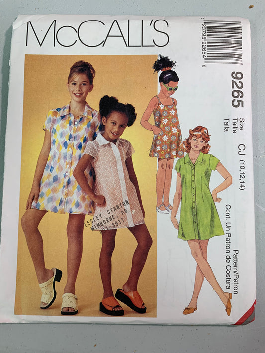 McCall's 9265 Girls' Shirtdress, Slipdress, Size 10-14, Uncut, Vintage 1998