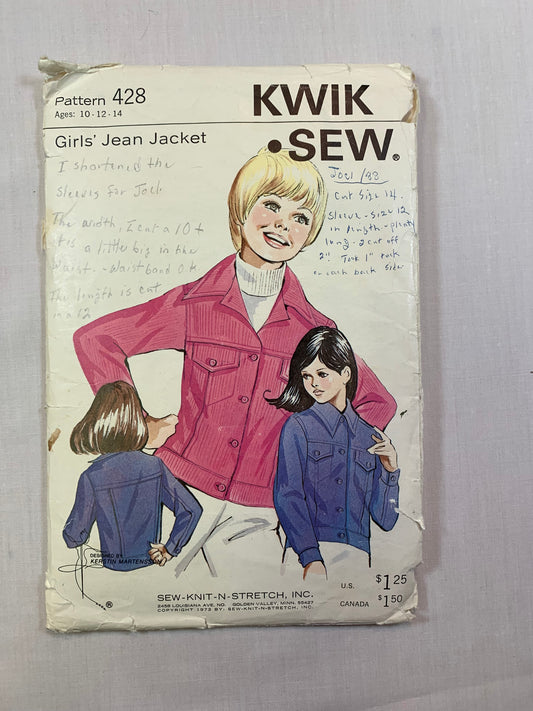 KWIK 428 Girls' Jean Jackets, Size 10-14, Cut, Vintage 1980