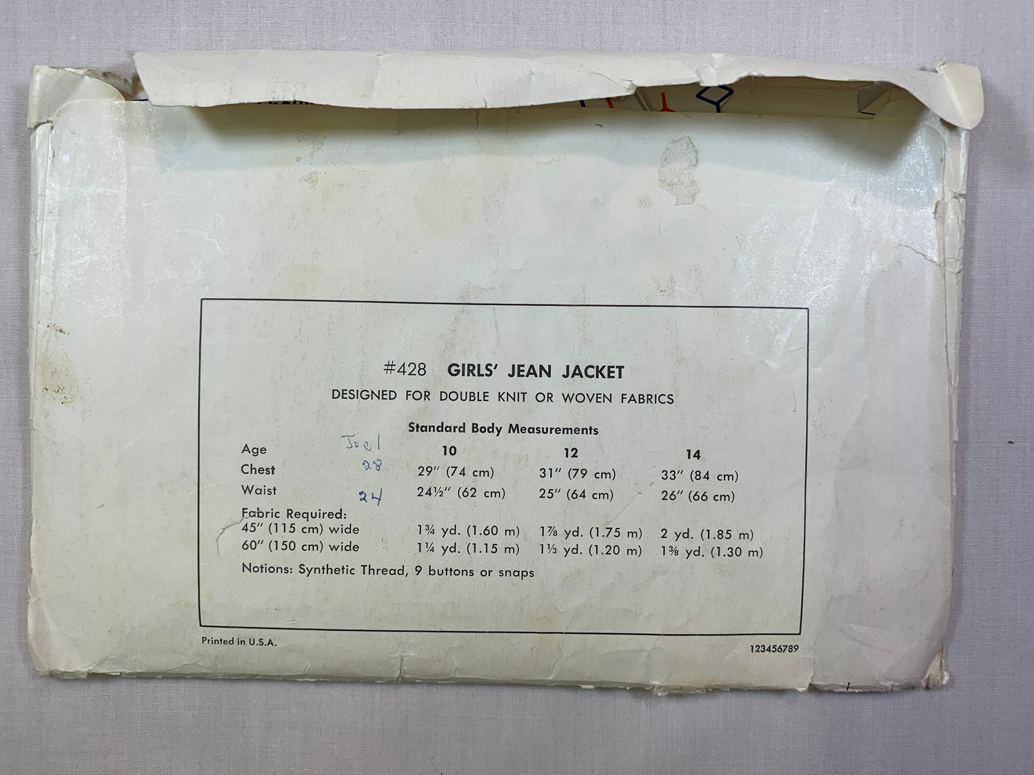 KWIK 428 Girls' Jean Jackets, Size 10-14, Cut, Vintage 1980
