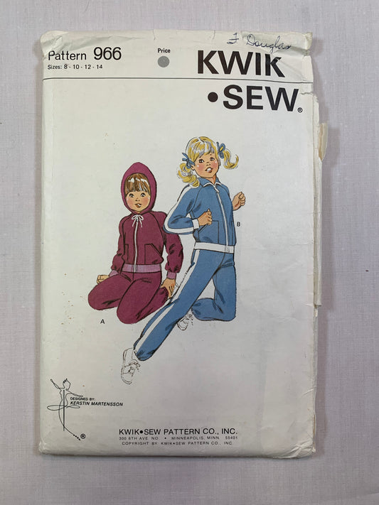 KWIK 966 Girl's Jogging Suit, Top, Pants, Hood, Size 8-14, Cut, Vintage 1992