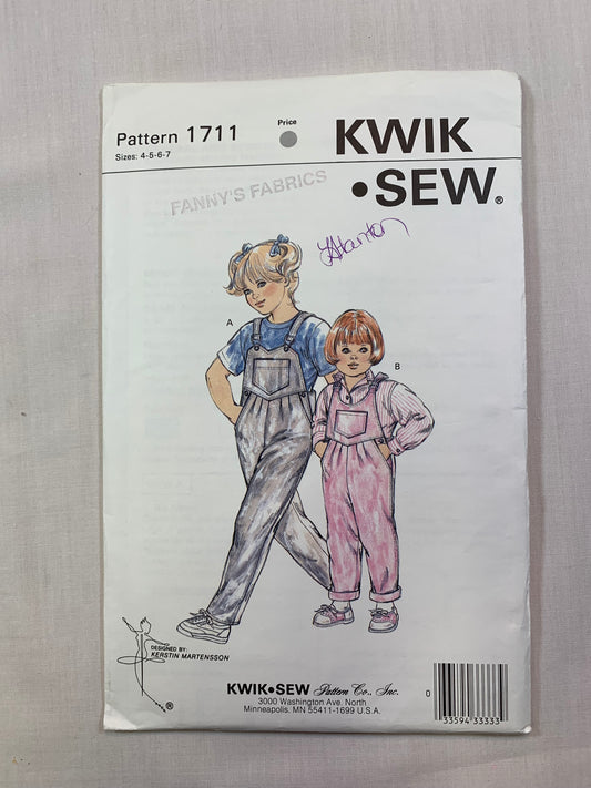 KWIK 1711 Girls' Bib Overalls, Size 4-7, Uncut, Vintage 1988