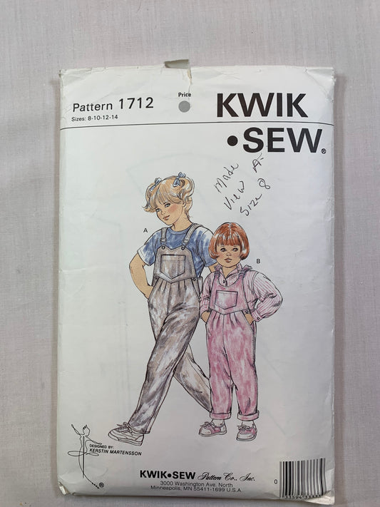 KWIK 1712 Girls' Bib Overalls, Size 8-14, Cut, Vintage 1988