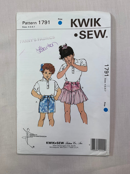 KWIK 1791 Girls' Skirts, Size 4-14, Uncut, Vintage 1988