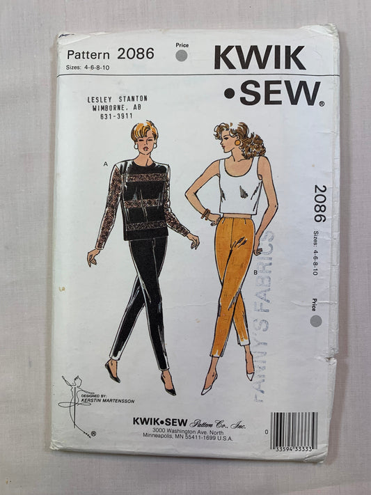 KWIK 2086 Misses' Tops, Pants, Size 4-10, Cut, Vintage 1991