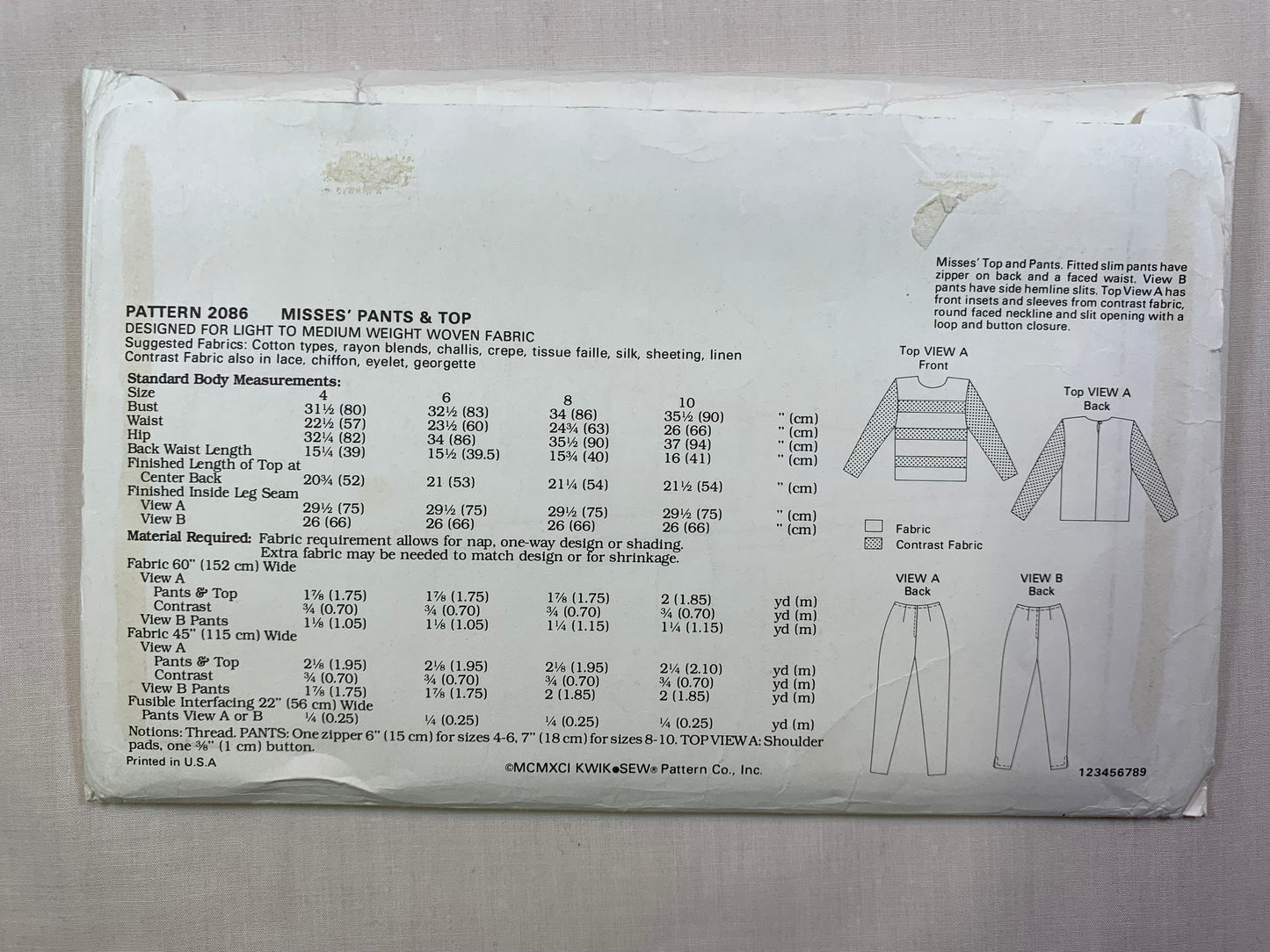 KWIK 2086 Misses' Tops, Pants, Size 4-8, Cut, Vintage 1991