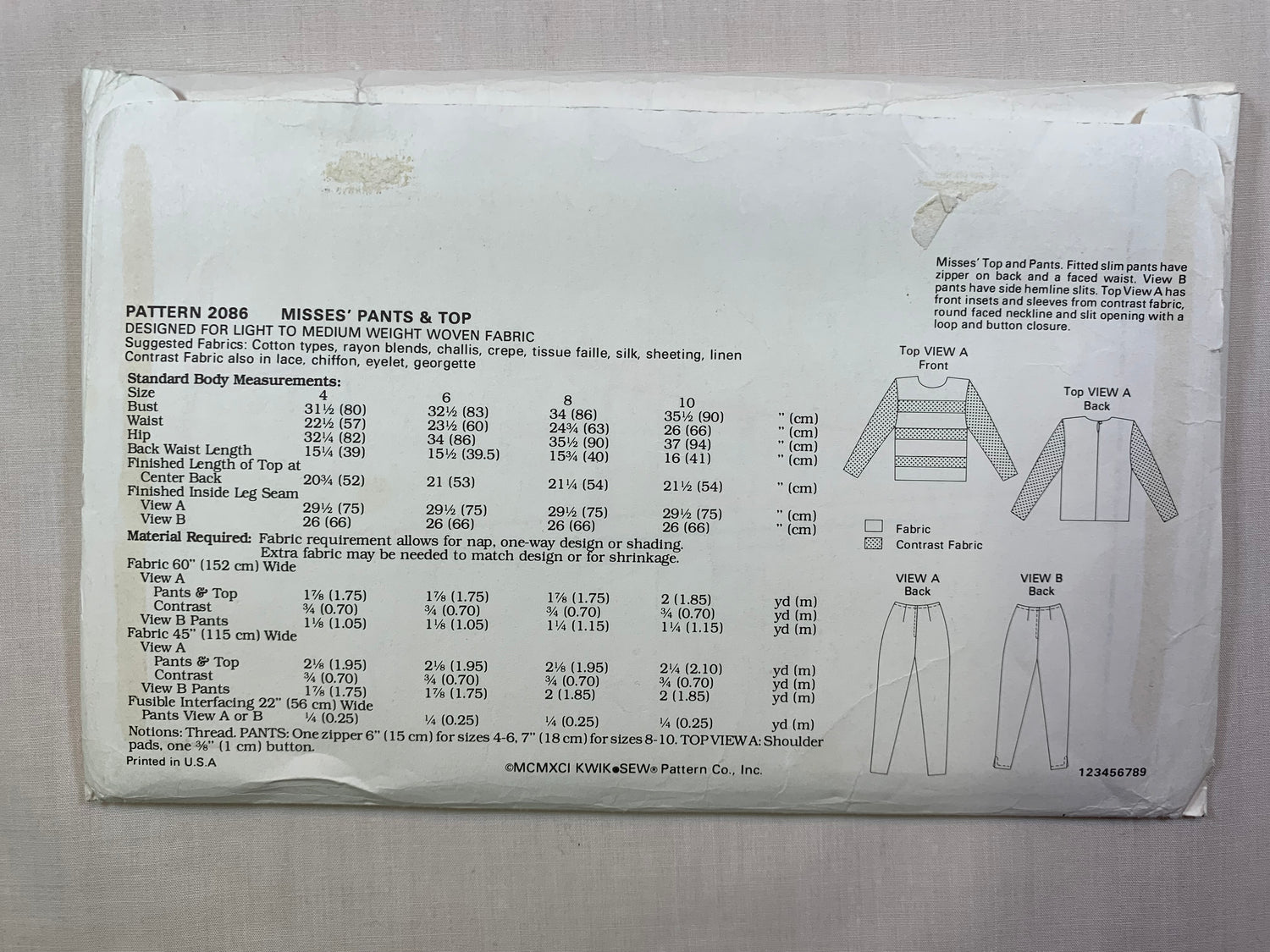 KWIK 2086 Misses' Tops, Pants, Size 4-8, Cut, Vintage 1991