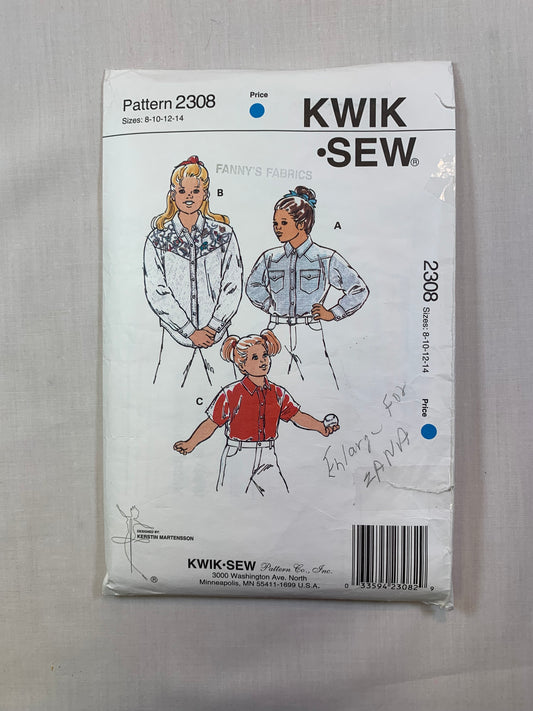 KWIK 2308 Girls' Shirt, Size 8-14, Cut, Vintage 1993