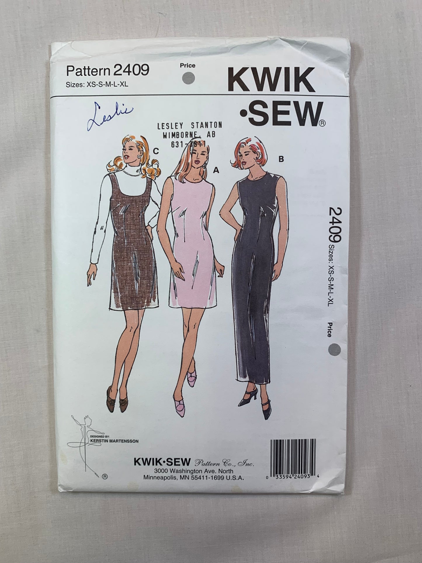 KWIK 2409 Misses' Dresses, Size XS-XL, Uncut, Vintage 1994