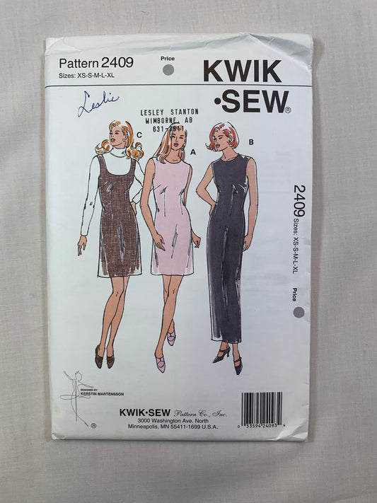 KWIK 2409 Misses' Dresses, Size XS-XL, Uncut, Vintage 1994