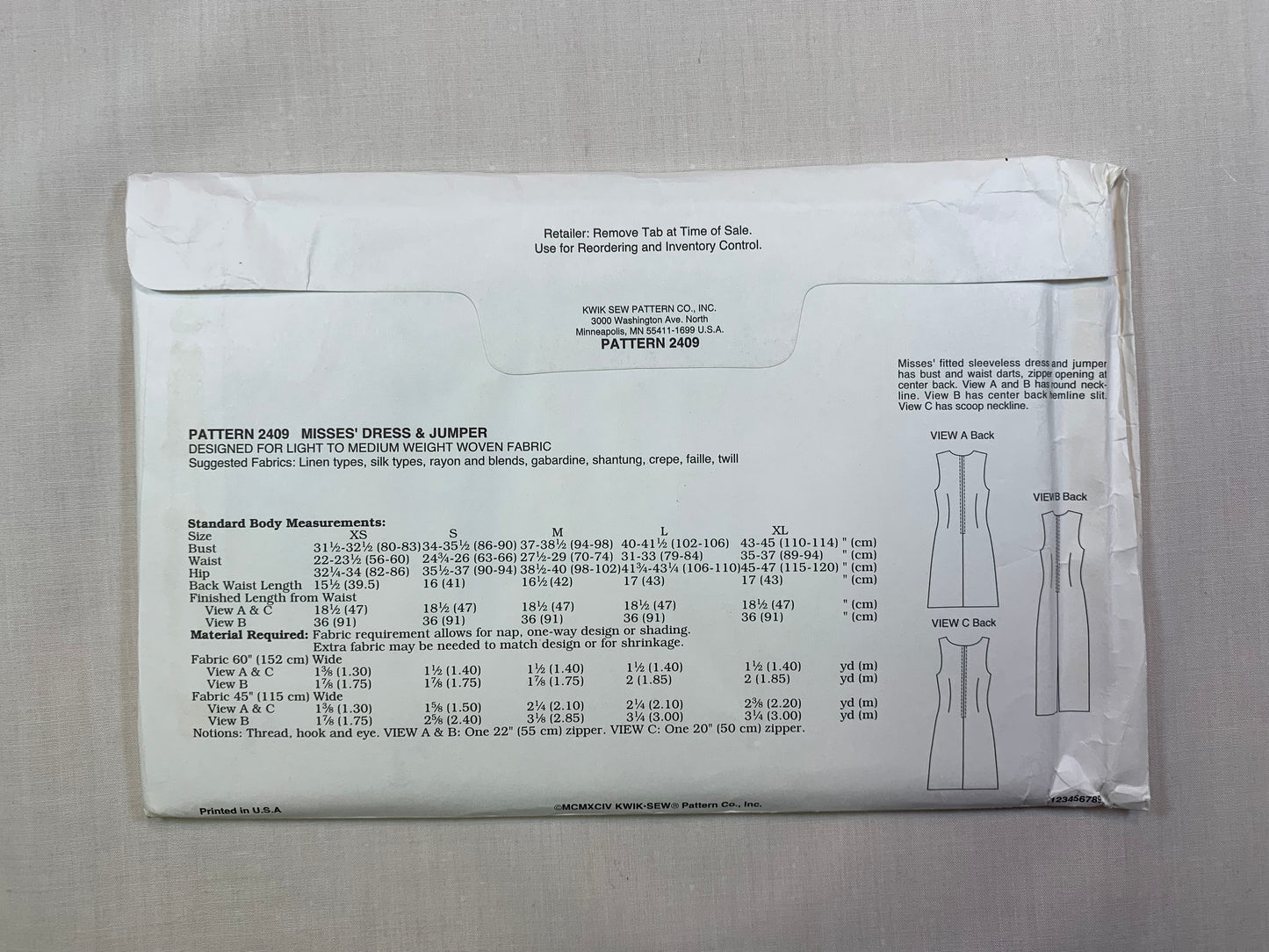 KWIK 2409 Misses' Dresses, Size XS-XL, Uncut, Vintage 1994