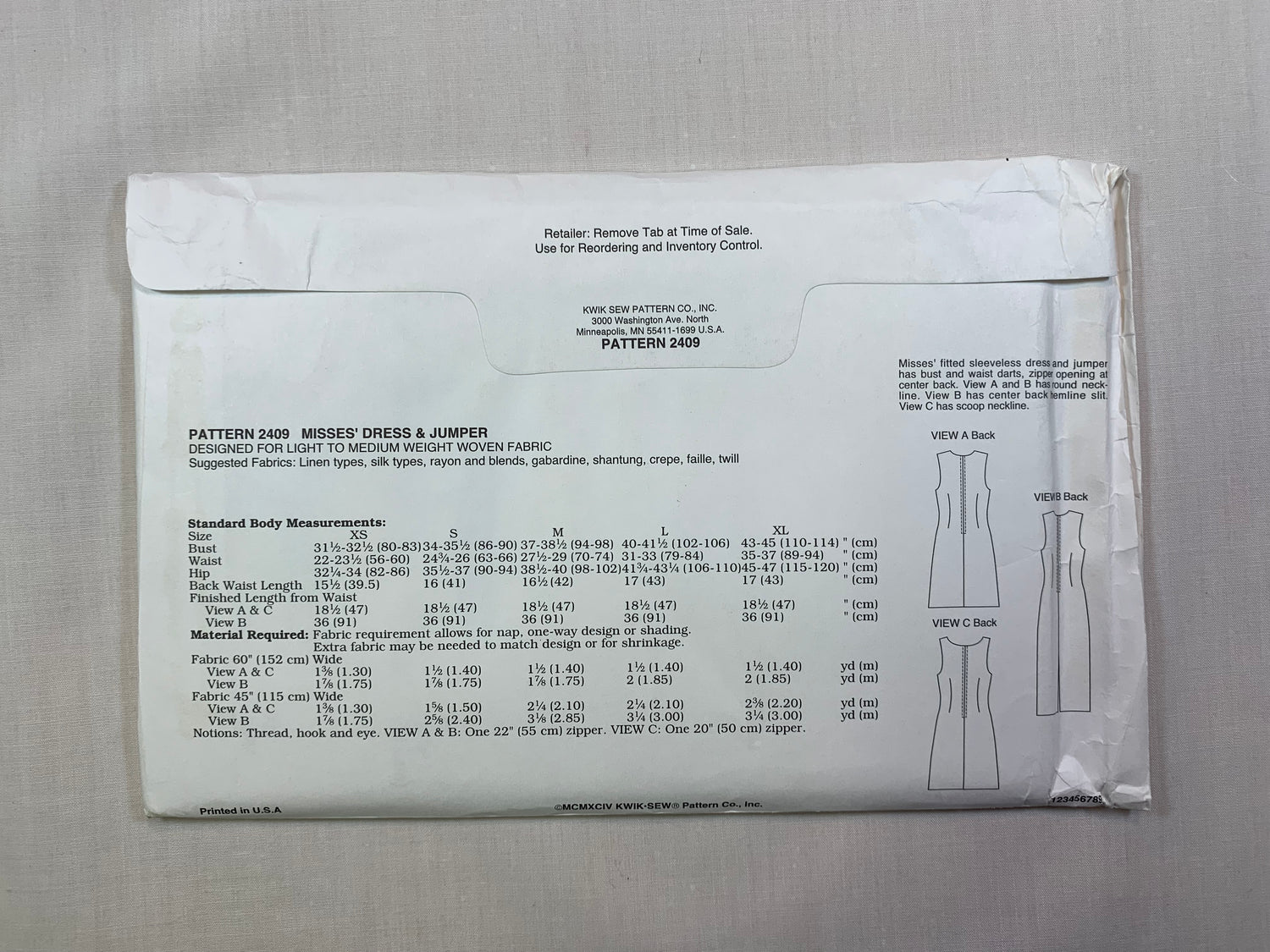 KWIK 2409 Misses' Dresses, Size XS-XL, Uncut, Vintage 1994