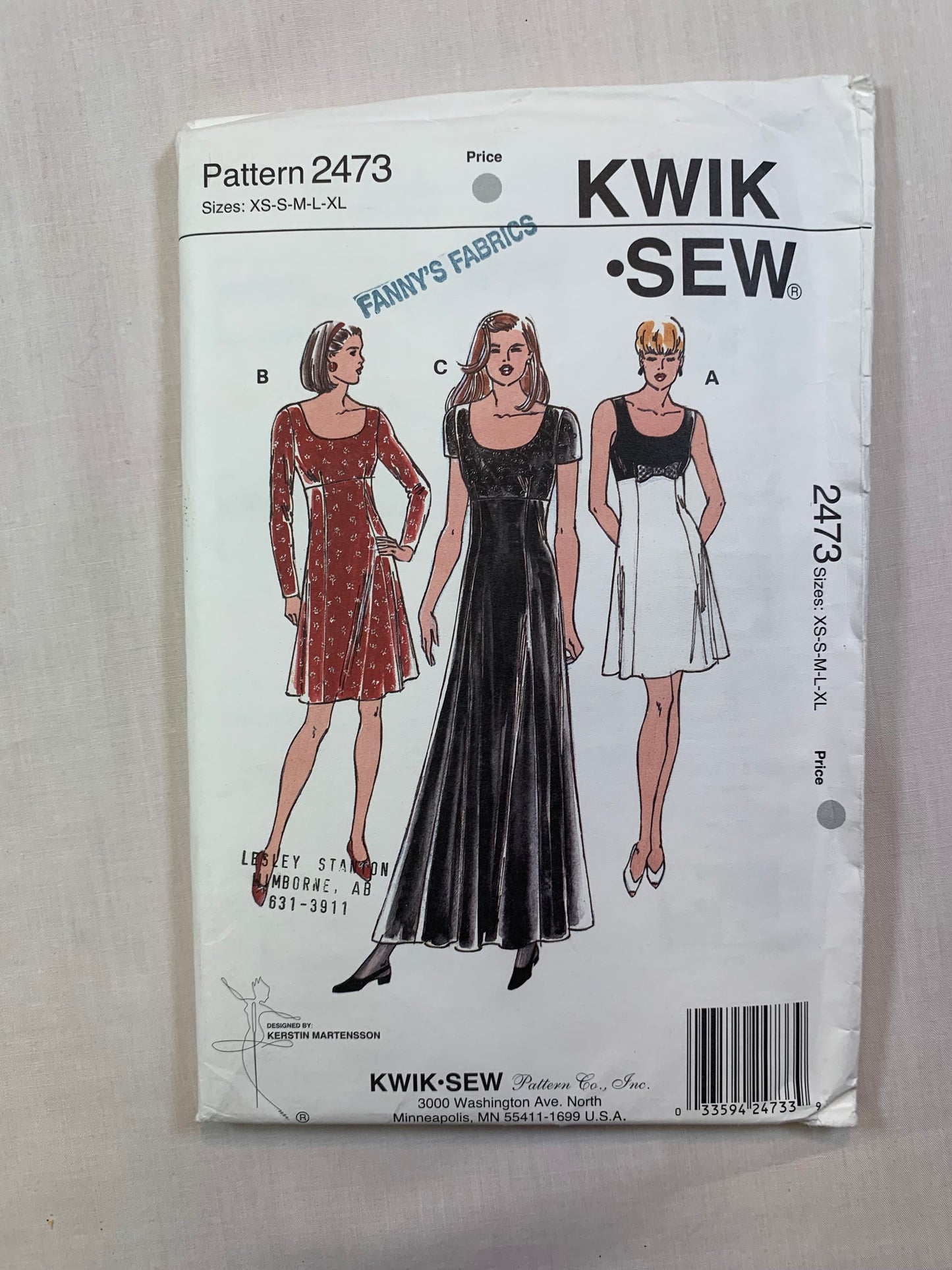 KWIK 2473 Misses' Dresses, Size XS-XL, Uncut, Vintage 1995