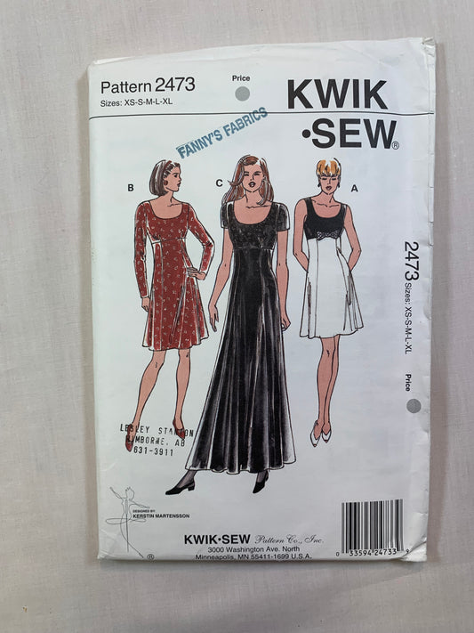 KWIK 2473 Misses' Dresses, Size XS-XL, Uncut, Vintage 1995