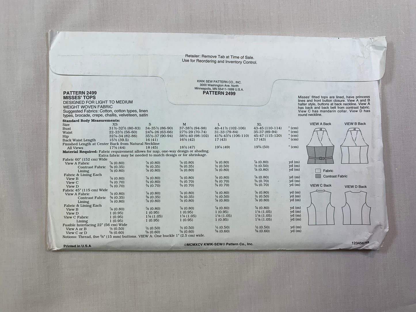 KWIK 2499 Misses' Tops, Size XS-XL, Uncut, Vintage 1995