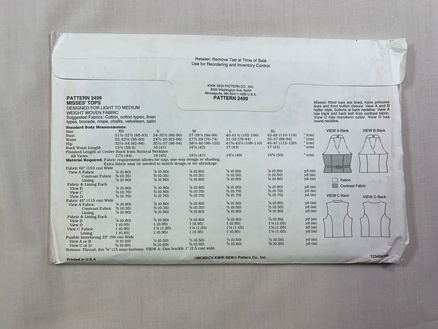 KWIK 2499 Misses' Tops, Size XS-XL, Uncut, Vintage 1995