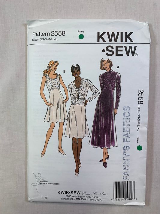 KWIK 2558 Misses' Dresses, Cardigan, Size XS-XL, Uncut, Vintage 1996