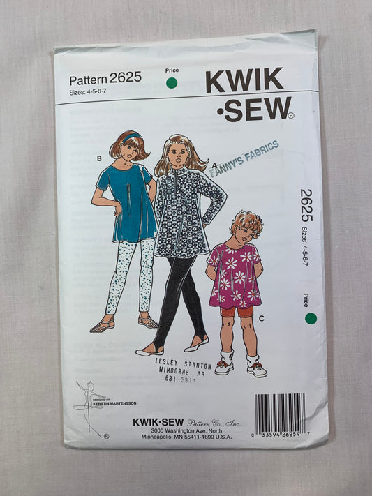 KWIK 2625 Girls' Tunic, Leggings, Shorts, Size 4-7, Uncut, Vintage 1997