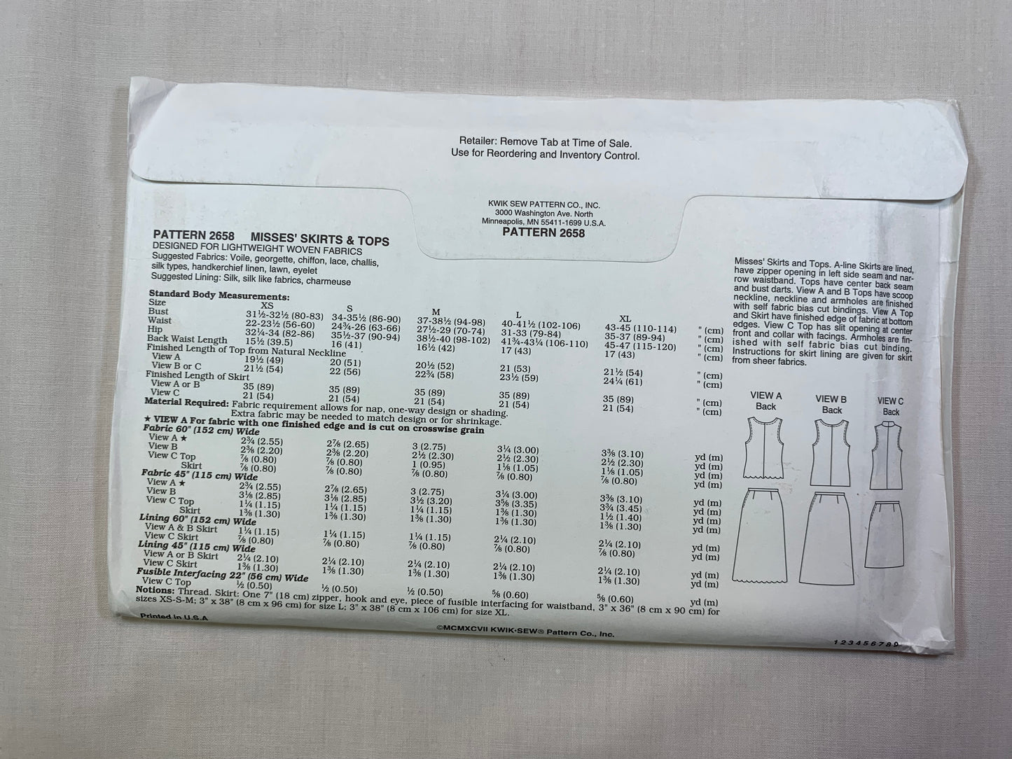 KWIK 2658 Misses' Skirts, Tops, Size XS-XL, Uncut, Vintage 1997