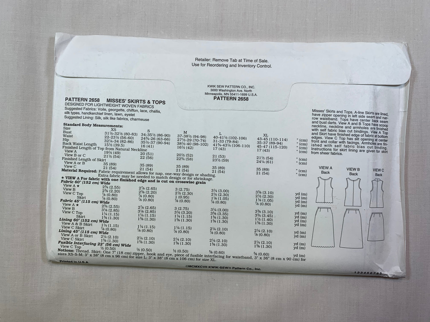 KWIK 2658 Misses' Skirts, Tops, Size XS-XL, Uncut, Vintage 1997