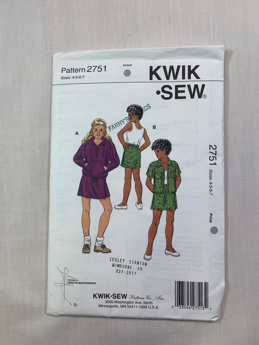 KWIK 2751 Girls' Tops, Skort, Size 4-7, Uncut, Vintage 1998