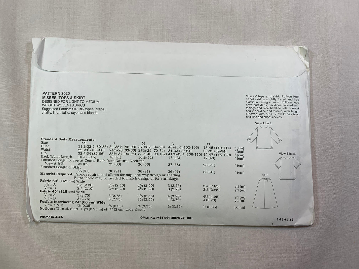 KWIK 3020 Misses' Skirts, Tops, Size XS-XL, Uncut, 2001
