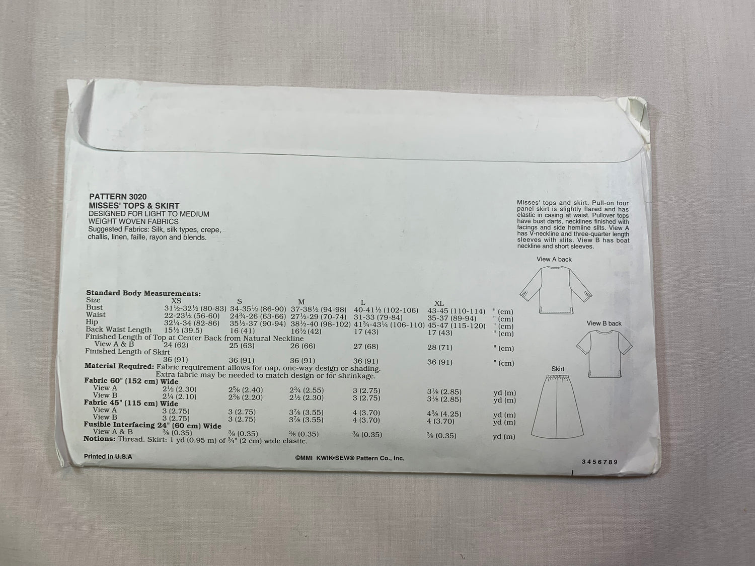 KWIK 3020 Misses' Skirts, Tops, Size XS-XL, Uncut, 2001