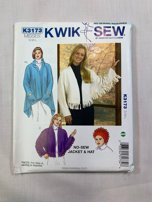 KWIK K3173 Misses' Jacket, Shawl, Hat, Size 34-44, Uncut, 2013