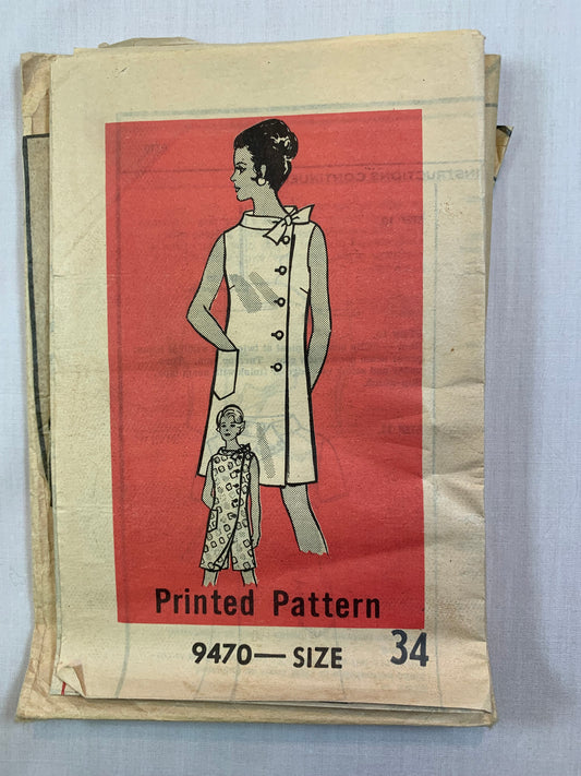 Mail Ordered Sewing Pattern 9470 Misses' Dress, Size 34, Cut, Vintage 1969