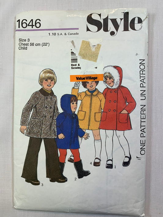 Style Sewing Pattern 1646 Child's/Boys'/Girls' Lined Coat, Hood, Button/Zipper Front, Collar, Pockets, Size 3, Cut, Vintage 1976