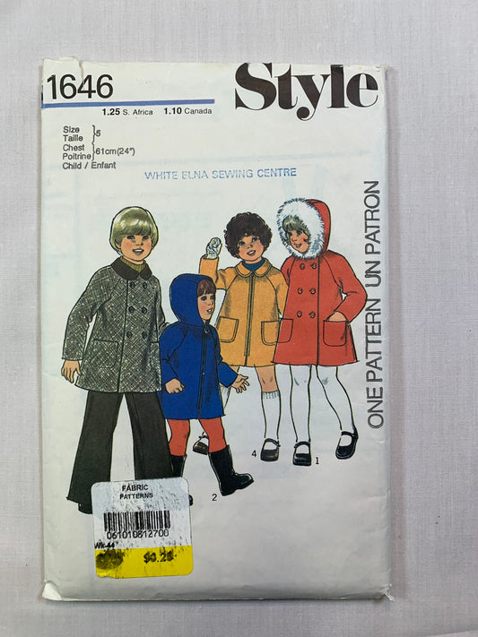 Style Sewing Pattern 1646 Child's/Boys'/Girls' Lined Coat, Hood, Button/Zipper Front, Collar, Pockets, Size 3, Cut, Vintage 1976