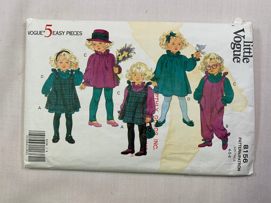 Vogue 8156 Toddlers' Girls' Pinafore, Jumpsuit, Dress, Top, Leggings, Size 4-6, Uncut, Vintage 1991