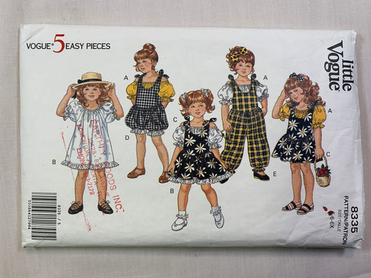 Vogue 8335 Toddlers' Girls' Jumper, Dress, Top, Romper, Size 5-6X, Cut, Vintage 1992