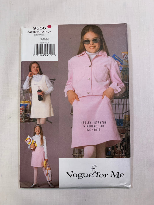 Vogue Sewing Pattern 9556 Girls' Children's Jacket, Skirt, Jumper, Loose-Fitting, Two Lengths, Size 7-10, Uncut, Vintage 1996