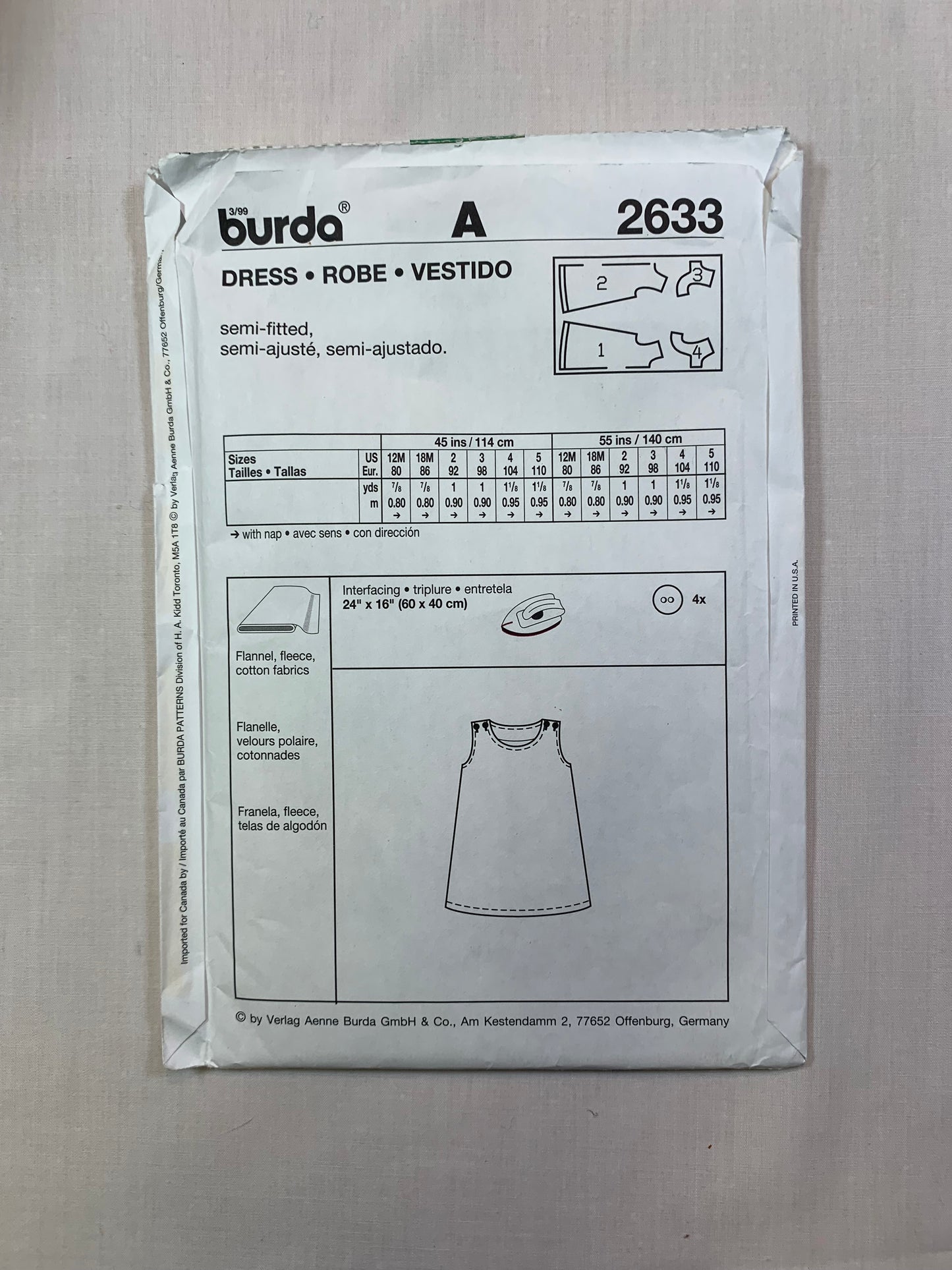 Burda Sewing Pattern 2633 Toddlers'/Infant's/Baby Girls' Dress, Semi-Fitted, Sleeveless, Size 12 Mths-5, Uncut, 2017
