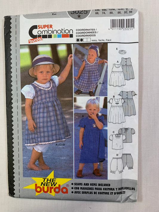 Burda Sewing Pattern 3025 Toddlers' Infant's/Baby/Girls' Dress, Top, Shorts, Short Sleeves, Button Back, Size 6 Mths-3, Uncut, 2017