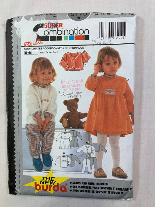 Burda Sewing Pattern 3179 Toddlers'/Infant's/Baby Girls' Dress, Top, Pants, Jacket, Long Sleeves, Elastic Waist, Size 18 Mths-6, Uncut, 2017