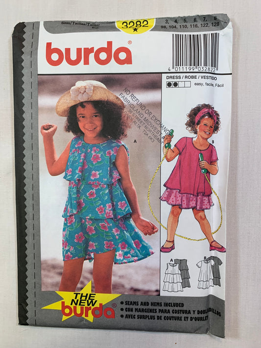 Burda Sewing Pattern 3282 Girls' Dress, Loose-Fitting, Sleeveless, Short Sleeves, Pullover, Size 3-8, Cut, 2015