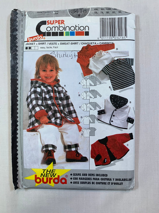 Burda Sewing Pattern 3418 Toddlers'/Infant's/Baby/Girls' Tops, Jacket, Button Front, Long/Short Sleeve, Size 6 Mths-3, Uncut, 2017