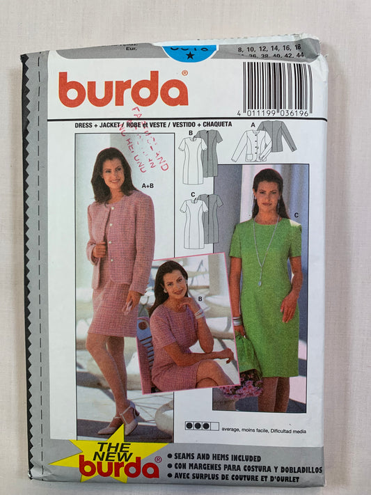 Burda Sewing Pattern 3619 Misses' Dress, Jacket, Long/Short Sleeves, Button Front, Zipper Back, Size 8-18, Cut, 2018