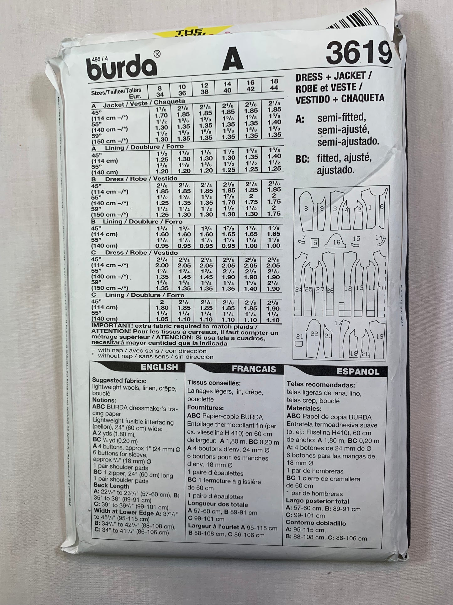 Burda Sewing Pattern 3619 Misses' Dress, Jacket, Long/Short Sleeves, Button Front, Zipper Back, Size 8-18, Cut, 2018