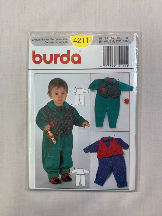 Burda Sewing Pattern 4211 Infant's/Baby Rompers, Long Sleeves, Zipper Front, One-Piece, Size 3-18 Months, Uncut, 2018